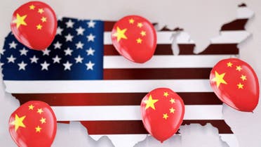 Printed balloons with Chinese flag are placed on US flag in the shape of US map outline, in this illustration taken February 5, 2023. (Reuters)