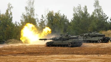 NATO enhanced Forward Presence battle group Spanish army tank Leopard 2 fires during the final phase of the Silver Arrow 2022 military drill on Adazi military training grounds, Latvia September 29, 2022. (Reuters)
