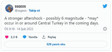 تغريدته أمس، وفيها توقعه بزلزال جديد قد يضرب وسط تركيا