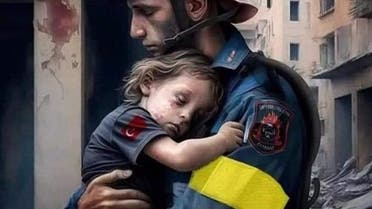This image has been used by scammers in posts requesting donations towards the victims of the Turkey-Syria earthquake disaster, which has killed more than 35,000 people. The emotive image has been AI-generated, with the firefighter having six fingers on his right hand. (Twitter)