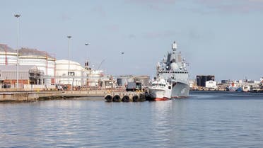 A general view of Russian military frigate ‘Admiral Gorshkov’ docked in the harbor of Cape Town on February 13, 2023 ahead of 10-day joint maritime drills being staged alongside South Africa and China. (AFP)
