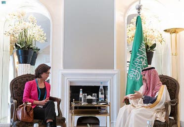Saudi Arabia's Minister of Foreign Affairs Prince Faisal bin Farhan with Dr.  Hannah Neumann on the sidelines of the Munich Security Conference.  (SPA)