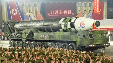 A missile is displayed during a military parade to mark the 75th founding anniversary of North Korea’s army, at Kim Il Sung Square in Pyongyang, North Korea, on February 8, 2023, in this photo released by North Korea’s Korean Central News Agency (KCNA). (KCNA via Reuters)
