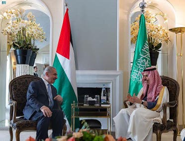 Saudi Arabia's Minister of Foreign Affairs Prince Faisal bin Farhan with the Palestinian Prime Minister on the sidelines of the Munich Security Conference. (SPA)