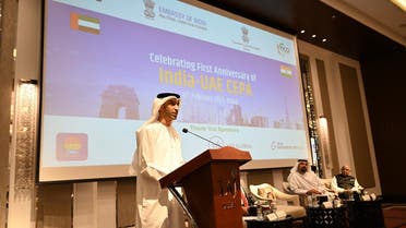 Dr. Thani bin Ahmed Al Zeyoudi, Minister of State for Foreign Trade, addresing the delegates from The Federation of Indian Chambers of Commerce and Industry (FICCI). (Courtesy: WAM)