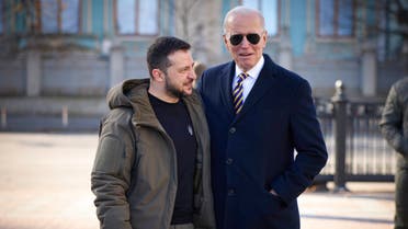 President Joe Biden, right, and Ukrainian President Volodymyr Zelenskyy talk during an unannounced visit in Kyiv, Ukraine, Monday, Feb. 20, 2023. (AP)