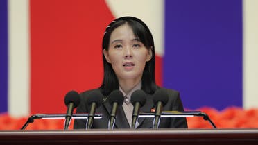 This picture taken on August 10, 2022 and released from North Korea's official Korean Central News Agency (KCNA) on August 14, 2022 shows Kim Yo Jong, the sister of North Korea's leader Kim Jong Un, speaking at the National Emergency Prevention General Meeting in Pyongyang. North Korean leader Kim Jong Un declared a shining victory over Covid-19 as his sister revealed he had fallen ill during the outbreak, which she blamed on Seoul, state media said on August 11. (Photo by KCNA VIA KNS / AFP) / SOUTH KOREA OUT / REPUBLIC OF KOREA OUT