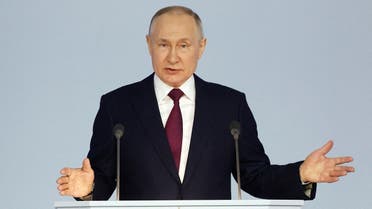 Russian President Vladimir Putin delivers his annual address to the Federal Assembly in Moscow, Russia, on February 21, 2023. (Reuters)