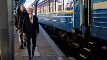 President Joe Biden arrives for a surprise visit with Ukrainian President Volodymyr Zelenskiy, Monday, Feb. 20, 2023, in Kyiv. Evan Vucci/Pool via REUTERS