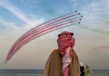 Celebrations began across the country on Tuesday night with air show performance held at the eastern province city of Jubail. (Twitter)