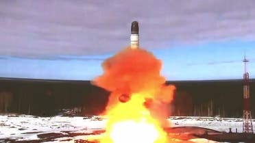 This grab made from a handout video footage released by the Russian Defence Ministry on April 20, 2022 shows the launching of the Sarmat intercontinental ballistic missile at Plesetsk testing field, Russia. (Russian Defence Ministry/AFP)