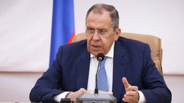 Russia’s Foreign Minister Sergei Lavrov attends a news conference following talks with Mauritania’s Foreign Minister Mohamed Salem Ould Merzoug in Nouakchott, Mauritania, on February 8, 2023. (Russian Foreign Ministry via Reuters)