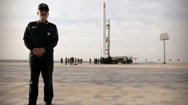 Amirali Hajizadeh, head of the aerospace division of the Revolutionary Guards, stands before a launch of the first military satellite named Noor into orbit, in Semnan, Iran April 22, 2020. (Reuters)