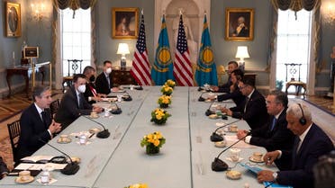 US Secretary of State Antony Blinken (L) meets with Kazakhstan’s Foreign Minister Mukthar Tileuberdi (2 R) at the State Department in Washington, DC, May 20, 2022. (Pool/AFP)