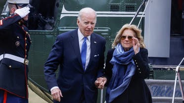 U.S. President Joe Biden and First Lady Jill Biden arrive on the South Lawn of the White House following a weekend in Delaware, in Washington, U.S., January 23, 2023. REUTERS/Evelyn Hockstein