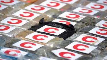 View of packs of cocaine from a 3-ton shipment that the anti-narcotics police seized in a container of bananas in the port of Guayaquil, Ecuador, on April 1, 2022. (AFP)