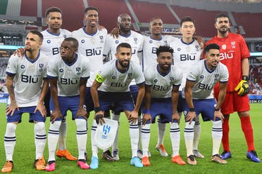 Saudi al-Hilal SFC's starting eleven pose for a group photo before the start of the AFC Champions League semi-final football match between al-Duhail and al-Hilal at al-Thumama Stadium in Doha on February 26, 2023. (AFP)