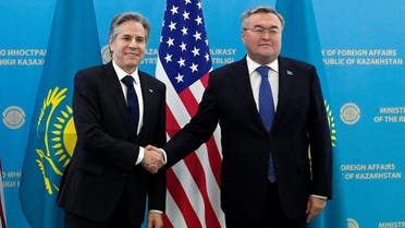 US Secretary of State Antony Blinken shakes hands with Kazakh Foreign Minister Mukhtar Tleuberdi during a meeting in Astana, Kazakhstan, on February 28, 2023. (Reuters)