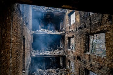 This photograph taken on February 27, 2023, shows a destroyed and burnt residential building as the distance shelling continues in Bakhmut, amid the Russian invasion of Ukraine. (AFP)