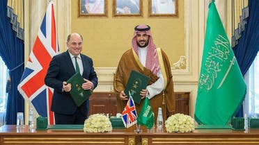 Saudi Arabia’s Defense Minister Prince Khalid bin Salman has met with Britain’s Defense Minister Ben Wallace in the Saudi capital Riyadh, March 1, 2023. (SPA)