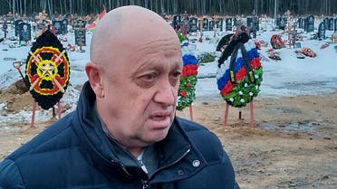 Wagner Group head Yevgeny Prigozhin attends the funeral of Dmitry Menshikov, a fighter of the Wagner group who died during a special operation in Ukraine, at the Beloostrovskoye cemetery outside St. Petersburg, Russia, on Dec. 24, 2022. (AP)