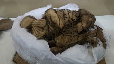 A pre-Incan mummy unearthed at the Cajamarquilla archaeological site and believed to be between 800 and 1,200 years old is exhibited at the Universidad Nacional Mayor de San Marcos, in Lima, Peru February 22, 2022. REUTERS/Sebastian Castaneda