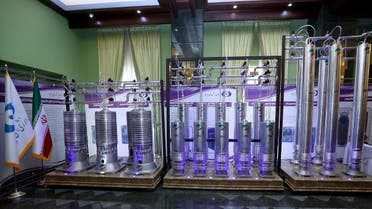 A number of new generation Iranian centrifuges are seen on display during Iran’s National Nuclear Energy Day in Tehran, Iran April 10, 2021. (West Asia News Agency via Reuters)