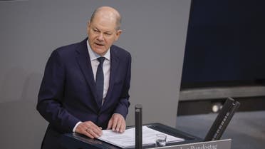 German Chancellor Olaf Scholz addresses the Bundestag (lower house of parliament) in Berlin on March 2, 2023. (AFP)
