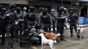 A member of the police Special Operations Group (GOES) plays with one of the trained police dogs, in Tumaco, Colombia September 8, 2022. REUTERS/Luisa Gonzalez