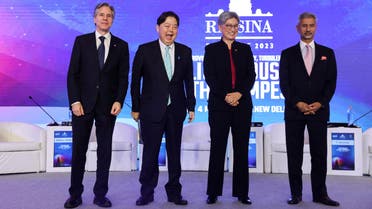 Indian External Affairs Minister S. Jaishankar, Australian Foreign Minister Penny Wong, Japanese Foreign Minister Yoshimasa Hayashi and U.S. Secretary of State Antony Blinken pose for a photo at a panel discussion at the Quad foreign ministers' meeting in New Delhi, India, March 3, 2023. (Reuters)