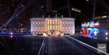Al Arabiya used technology that combined automated reality (AR), graphics and live data to project the 2020 US presidential election results across Dubai Media City. (Screengrab)