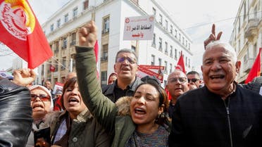Supporters of the Tunisian General Labor Union (UGTT) protest against President Kais Saied, accusing him of trying to stifle basic freedoms, including union rights, in Tunis, Tunisia, on March 4, 2023. (Reuters)
