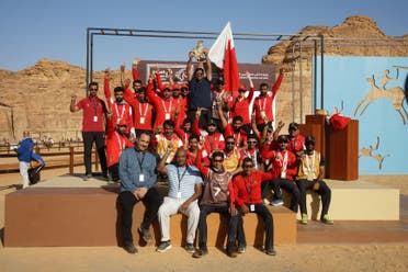 Bahrain's team celebrates their victory at the Custodian of the Two Holy Mosques Endurance Cup in Saudi Arabia's AlUla on Saturday, March 4 2023. 