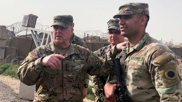 US Joint Chiefs Chair Army Gen. Mark Milley speaks with US forces in Syria during an unannounced visit, at a US military base in northeast Syria, March 4, 2023. (Reuters)