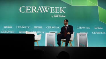 UAE Minister of Industry and Advanced Technology Sultan Al Jaber sits on stage ahead of his speech during the CERAWeek 2023 energy conference in Houston, Texas, March 6, 2023. (Reuters)