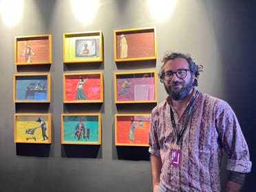 Omar Hussein presenting 'The New Gods' collection at Art Dubai 2023. (Al Arabiya English / Tala Michel Issa)