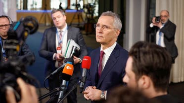 NATO Secretary General Jens Stoltenberg talks to journalists upon arrival to the informal meeting of EU defense ministers at the Scandinavian XPO in Marsta outside Stockholm, Sweden, on March 8, 2023. (Reuters)