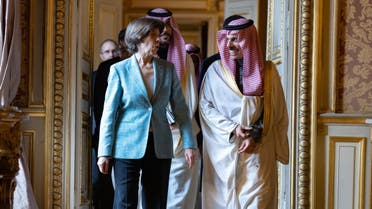 Saudi Arabia's Minister of Foreign Affairs Prince Faisal bin Farhan pictured with his French counterpart Catherine Colonna in Paris. (Twitter)