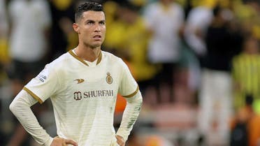 Nassr's Portuguese forward Cristiano Ronaldo reacts during the Saudi Pro League football match between al-Ittihad and al-Nassr at King Abdullah Sport City Stadium in Jeddah on March 9, 2023. (AFP)
