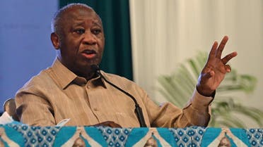 Former Ivorian president Laurent Gbagbo speaks during the first anniversary celebration of his new party Parti des Peuples Africains, Cote d’Ivoire (PPA-CI - African People's Party, Ivory Coast), in Abidjan, on October 17, 2022. (AFP) 