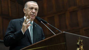 Turkish President Tayyip Erdogan addresses members of his ruling AK Party (AKP) during a meeting at the parliament in Ankara, Turkey March 1, 2023. Murat Cetinmuhurdar/Presidential Press Office/Handout via REUTERS ATTENTION EDITORS - THIS PICTURE WAS PROVIDED BY A THIRD PARTY. NO RESALES. NO ARCHIVES.