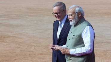 Australian Prime Minister Anthony Albanese speaks with his Indian counterpart Narendra Modi during his ceremonial reception at the forecourt of India's Rashtrapati Bhavan Presidential Palace in New Delhi, India, March 10, 2023. (Reuters)