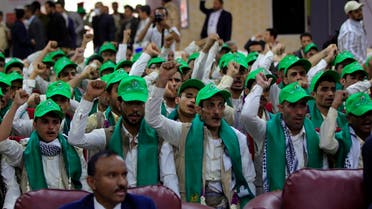 Released Yemeni prisoners attend a ceremony following a prisoner exchange between the Houthis controlling most of the country’s north and government forces holding the south, in Yemen’s capital Sanaa, on October 2, 2021. (AFP)