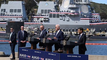 US President Joe Biden (C) speaks alongside British Prime Minister Rishi Sunak (R) and Australian Prime Minister Anthony Albanese (L) at a press conference during the AUKUS summit on March 13, 2023, at Naval Base Point Loma in San Diego California. AUKUS is a trilateral security pact announced on September 15, 2021, for the Indo-Pacific region. (Photo by Jim WATSON / AFP)