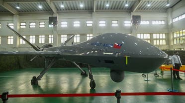 A Taiwan-produced Medium Altitude Long Endurance drone on display in Taichung on March 14, 2023. (AFP)