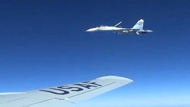 This image released by the US European Command (EUCOM) shows a Russian SU-27 Flanker fighter plane photographed from a US Air Force reconnaissance jet on June 19, 2017, over the Baltic Sea. (AFP)