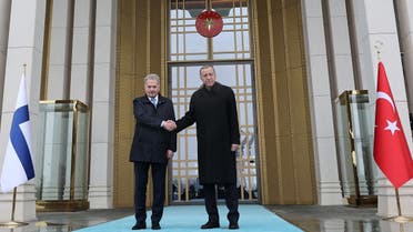 Turkish President Recep Tayyip Erdogan (R) shakes hands with Finnish President Sauli Niinisto (L) at the Presidential Complex in Ankara, on March 17, 2023. (AFP)