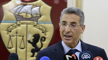 Tunisian Interior Minister Taoufik Charfeddine gives a press conference on January 3, 2022 in Tunis to explain the causes of the arrest of ex-justice minister Noureddine Bhiri. (AFP)