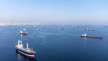 سفن تجارية وأخرى ضمن اتفاق تصدير الحبوب من موانئ البحر الأسود في انتظار العبور من مضيق البسفور في اسطنبول (أرشيفية من رويترز)