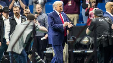 Mar 18, 2023; Tulsa, OK, USA; Former President Donald Trump waves to the crowd before the NCAA D1 Wrestling Championships at the BOK Center.Mandatory Credit: Brett Rojo-USA TODAY Sports